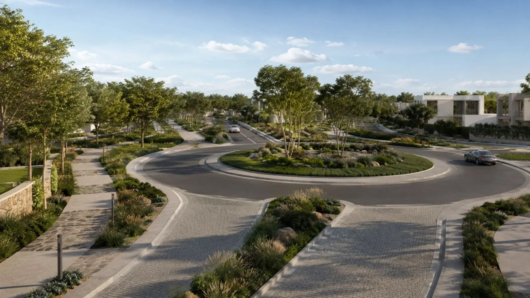 Vista del desarrollo Senderos: glorieta de acceso, vialidades y áreas verdes
